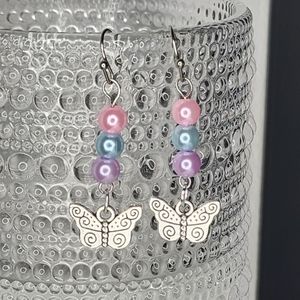 Handmade Butterfly Dangle Earrings Pastel Pearls Tibetan Silver